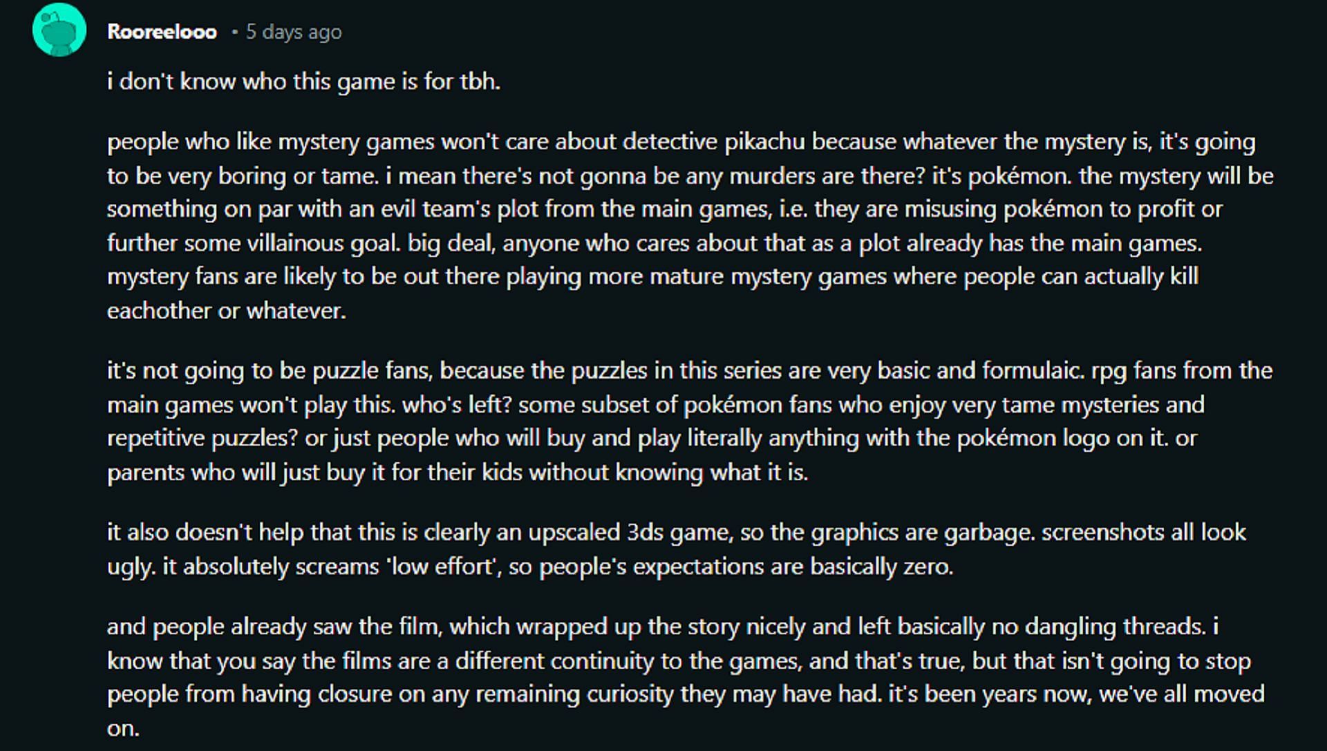 One Pokemon fan describes the lack of appeal surrounding the Detective Pikachu sequel (Image via Rooreelooo/Reddit)